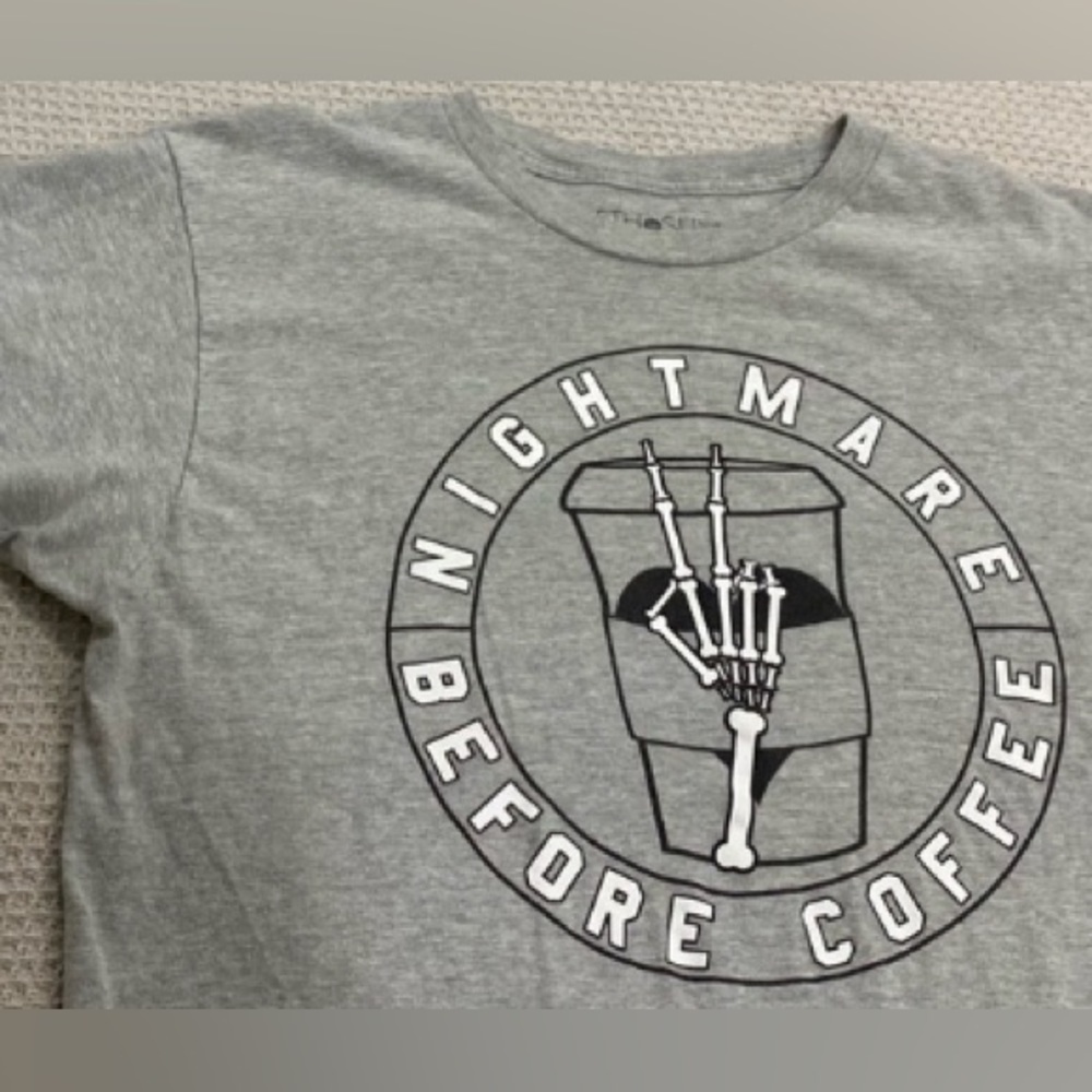 Nightmare Before Coffee - Grey Heather T-Shirt Large, super-soft modern fit EUC